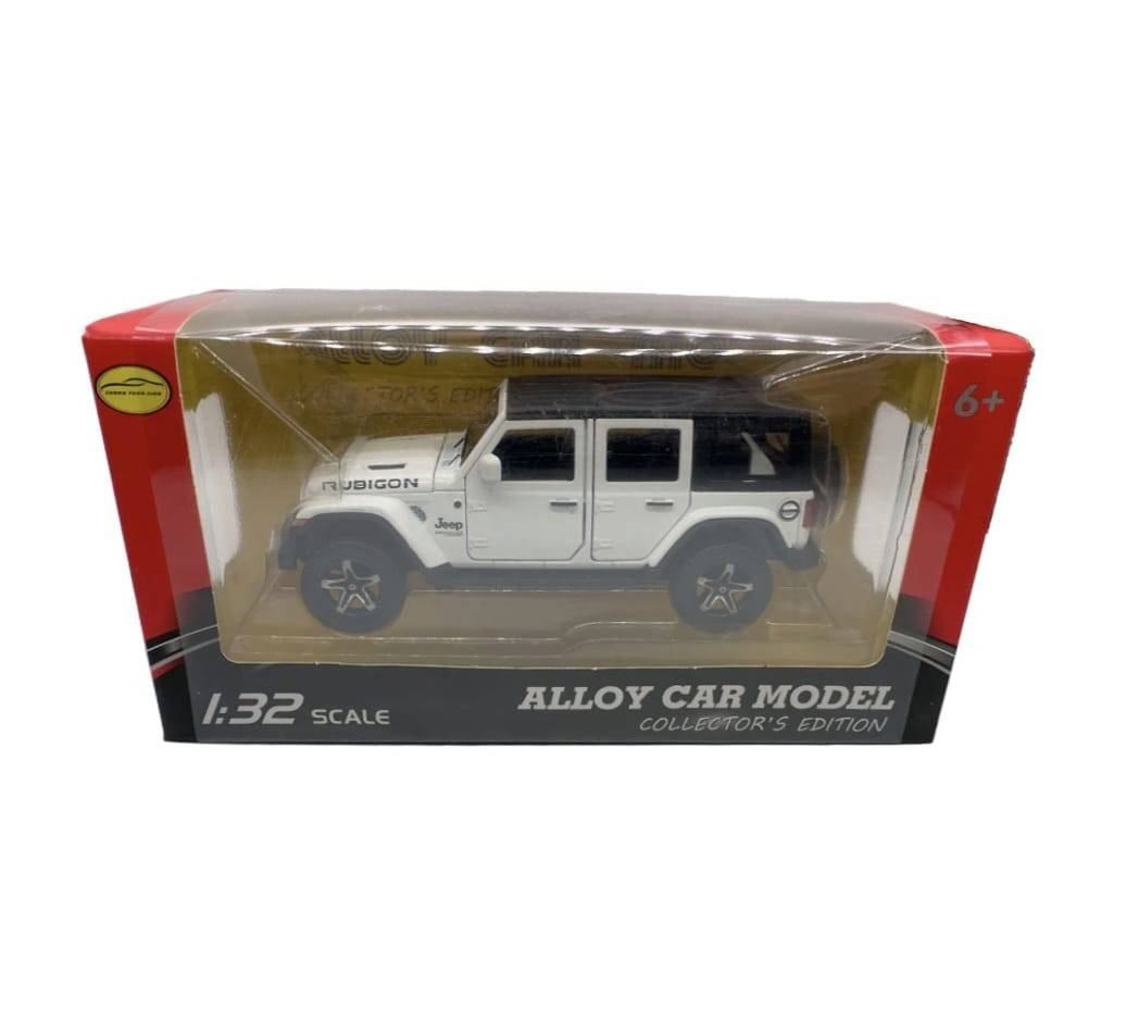 Masinuta metalica mecanica, tip Jeep Rubicon, scara 1:32, lumini si sunete, usi mobile, capota mobila, portbagajul mobil, alb, 15 cm
