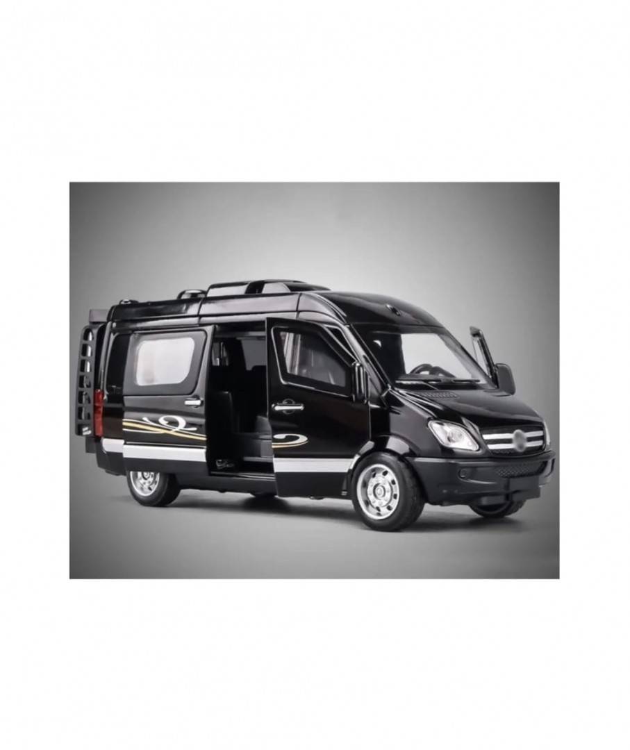 Masinuta metalica mecanica, tip Mercedes Benz Sprinter, scara 1:32, usi mobile, portbagaj mobil, negru, 14 cm