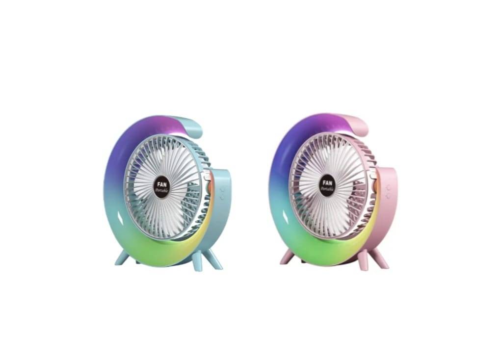 Mini ventilator portabil, multifunctional, 180°, 3 trepte de ventilare, 5 moduri de iluminare, Led RGB, silentios, USB, multicolor, 9.5 cm
