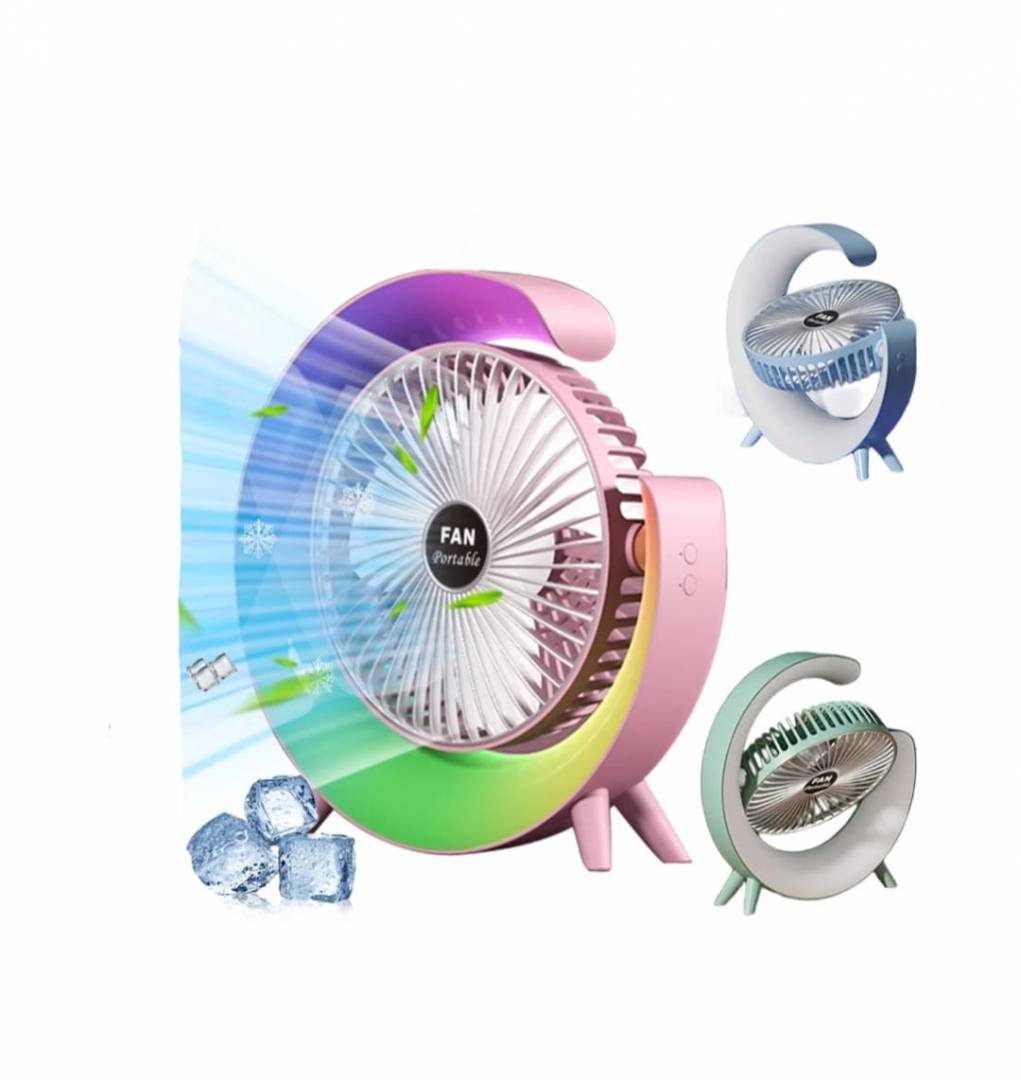 Mini ventilator portabil, multifunctional, 180°, 3 trepte de ventilare, 5 moduri de iluminare, Led RGB, silentios, USB, multicolor, 9.5 cm