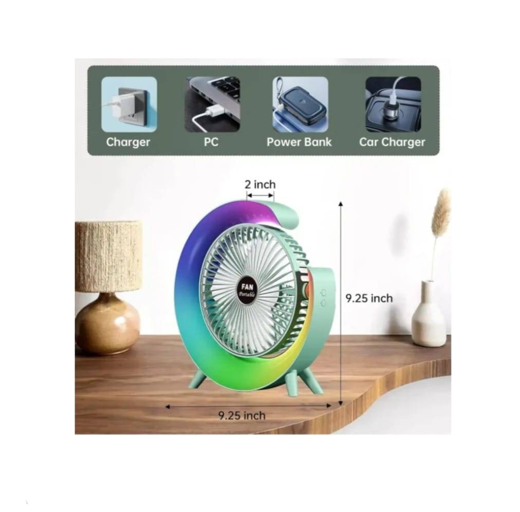 Mini ventilator portabil, multifunctional, 180°, 3 trepte de ventilare, 5 moduri de iluminare, Led RGB, silentios, USB, multicolor, 9.5 cm