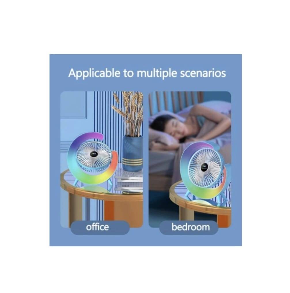 Mini ventilator portabil, multifunctional, 180°, 3 trepte de ventilare, 5 moduri de iluminare, Led RGB, silentios, USB, multicolor, 9.5 cm