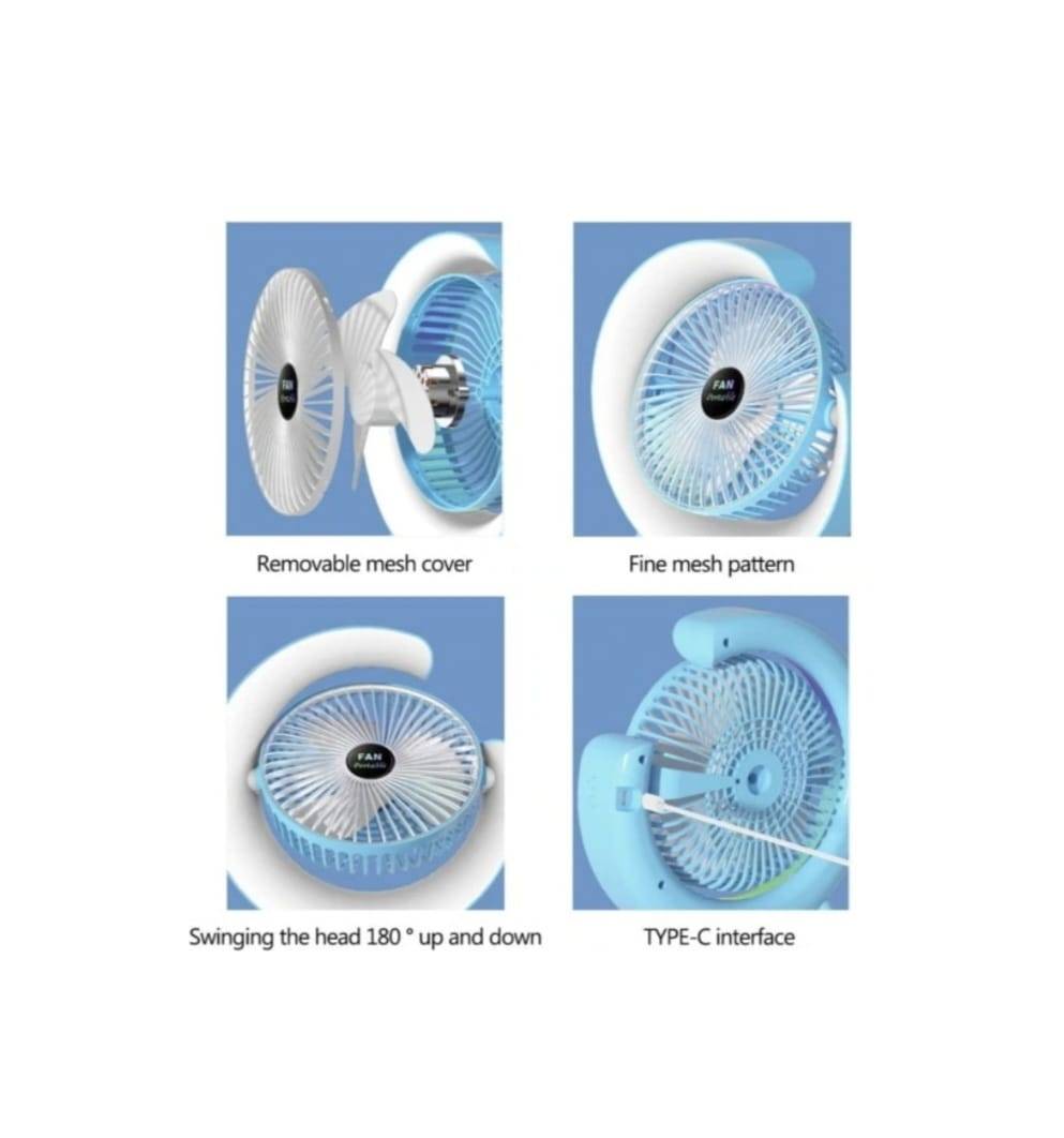 Mini ventilator portabil, multifunctional, 180°, 3 trepte de ventilare, 5 moduri de iluminare, Led RGB, silentios, USB, multicolor, 9.5 cm