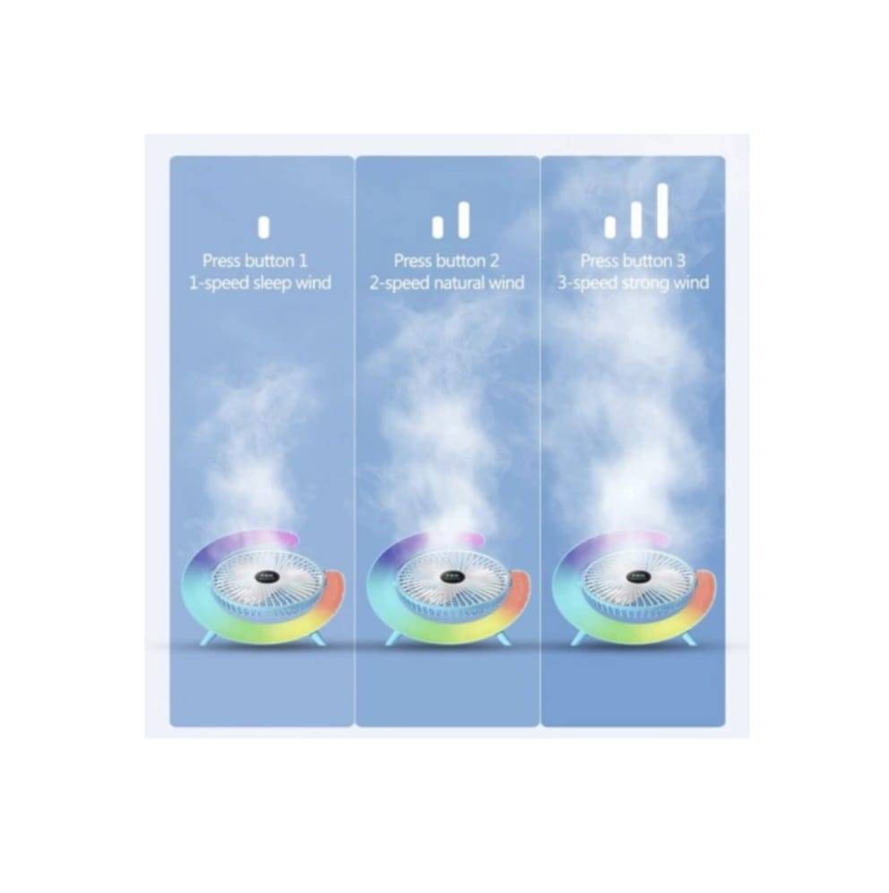 Mini ventilator portabil, multifunctional, 180°, 3 trepte de ventilare, 5 moduri de iluminare, Led RGB, silentios, USB, multicolor, 9.5 cm