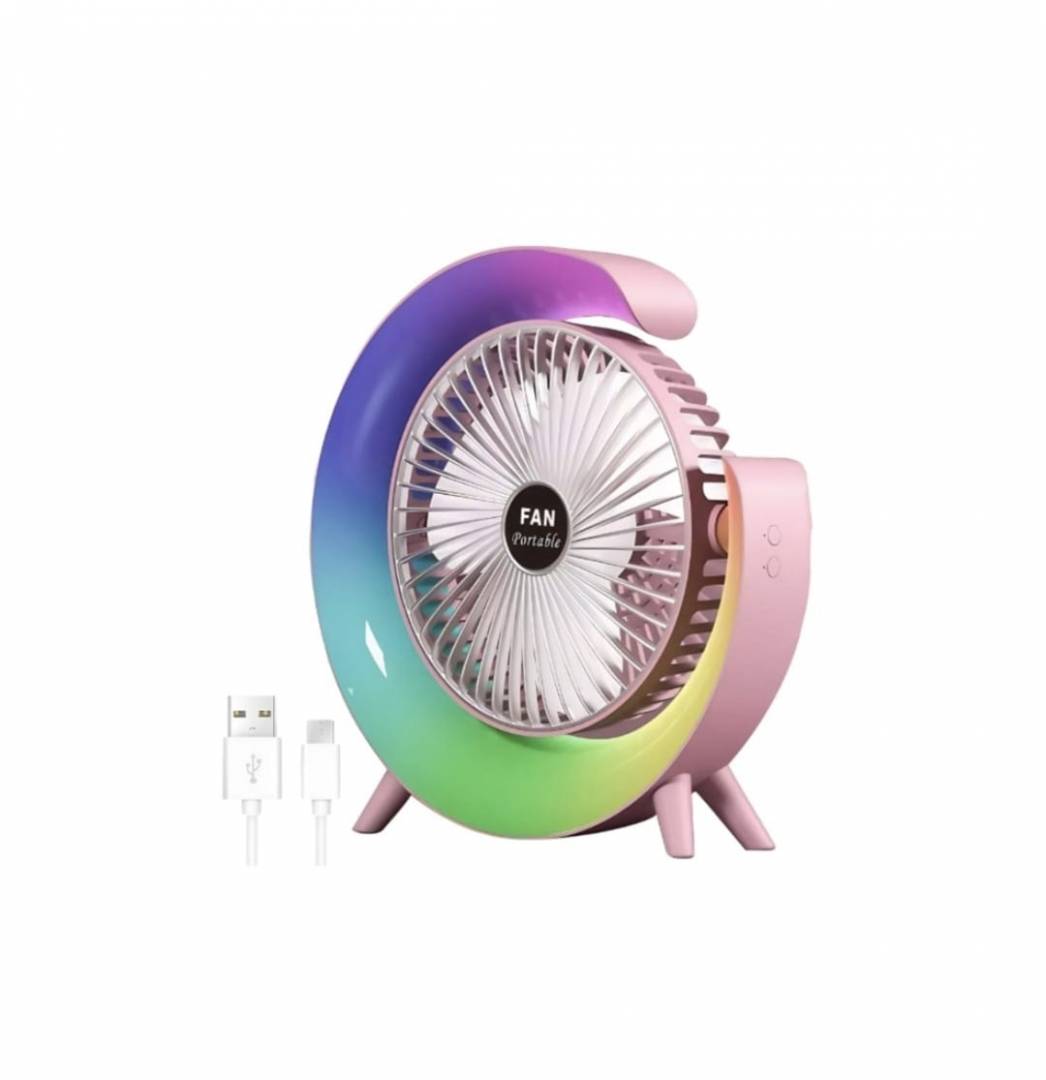 Mini ventilator portabil, multifunctional, 180°, 3 trepte de ventilare, 5 moduri de iluminare, Led RGB, silentios, USB, multicolor, 9.5 cm