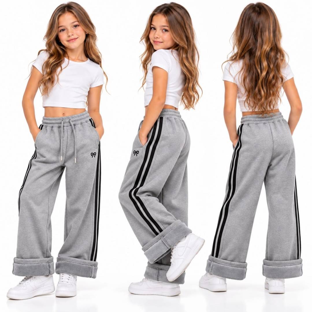 Pantaloni fete groși de iarnă, model larg, pentru școală și ținute casual, 1buc, gri, 6 ani - 11 ani