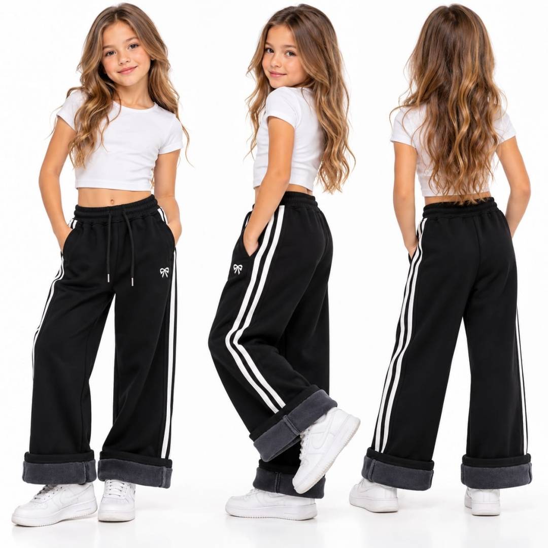 Pantaloni fete groși de iarnă, model larg, pentru școală și ținute casual, 1buc, negru, 6 ani - 11 ani