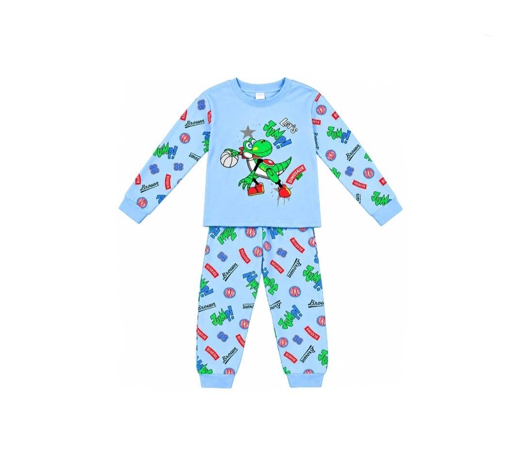 Pijama copii din bumbac, Dino, 2 piese, bluză cu mânecă lungă și pantaloni, albastru, 5 ani - 8 ani