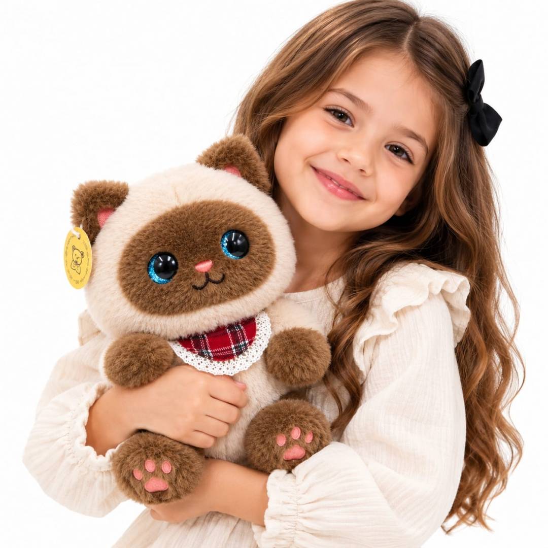 Pisică de pluș cu ochi albaștri, moale și pufoasă, cu bavețică decorativă, 25 cm, crem/maro