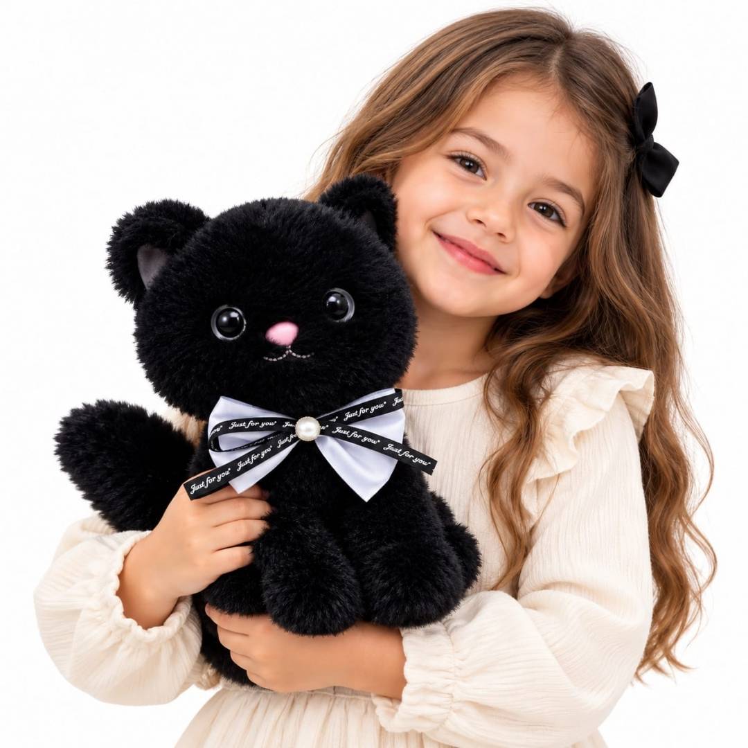 Pisică de pluș neagră, cu fundiță decorativă, moale și pufoasă, 25 cm