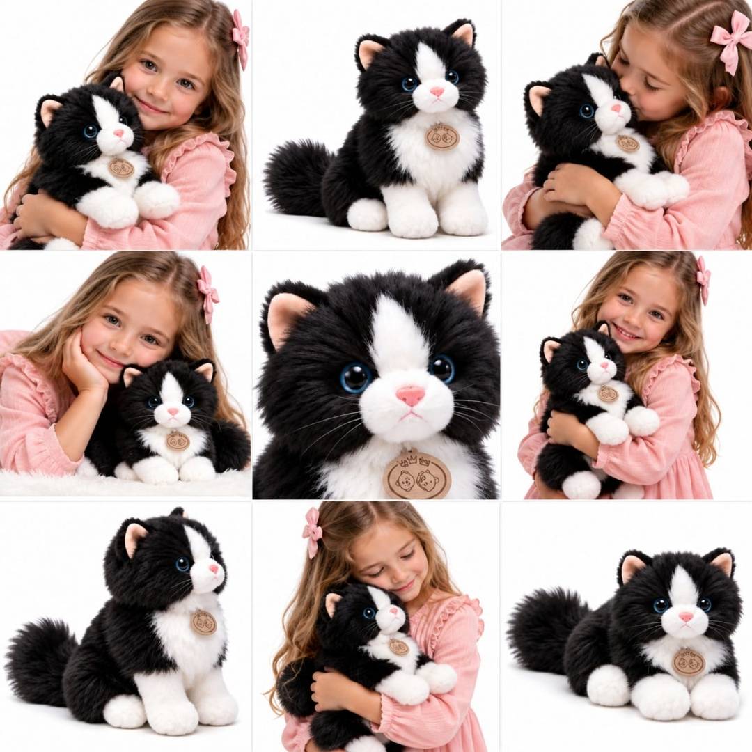 Pisica de plus realista, moale si pufoasa, negru cu alb, 30 cm
