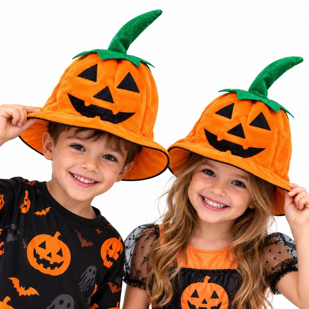 Pălărie Halloween Dovleac pentru copii, accesoriu petreceri tematice, portocalie cu verde, 4+ ani