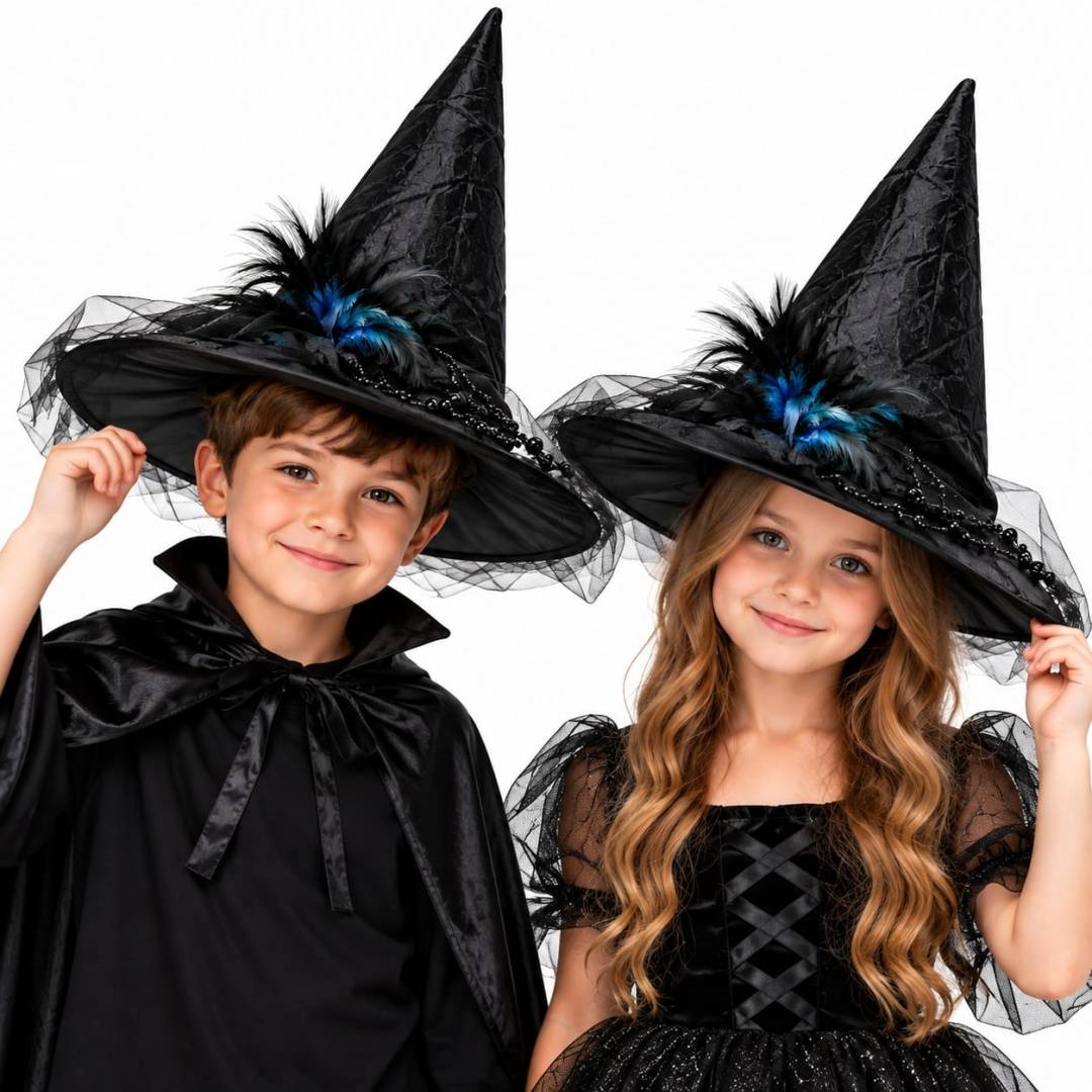 Pălărie Vrăjitoare Halloween pentru copii, accesoriu costum petrecere, negru, 5+ ani