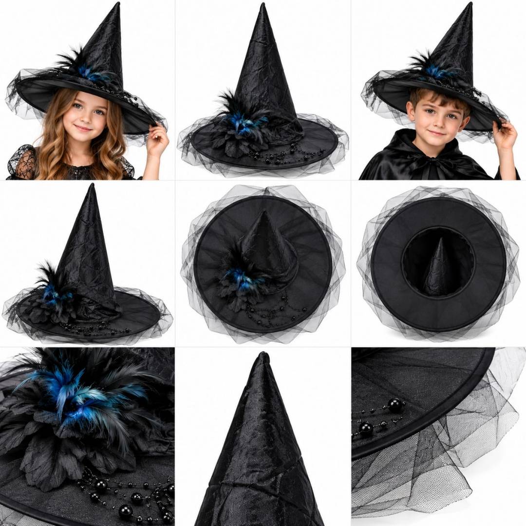 Pălărie Vrăjitoare Halloween pentru copii, accesoriu costum petrecere, negru, 5+ ani