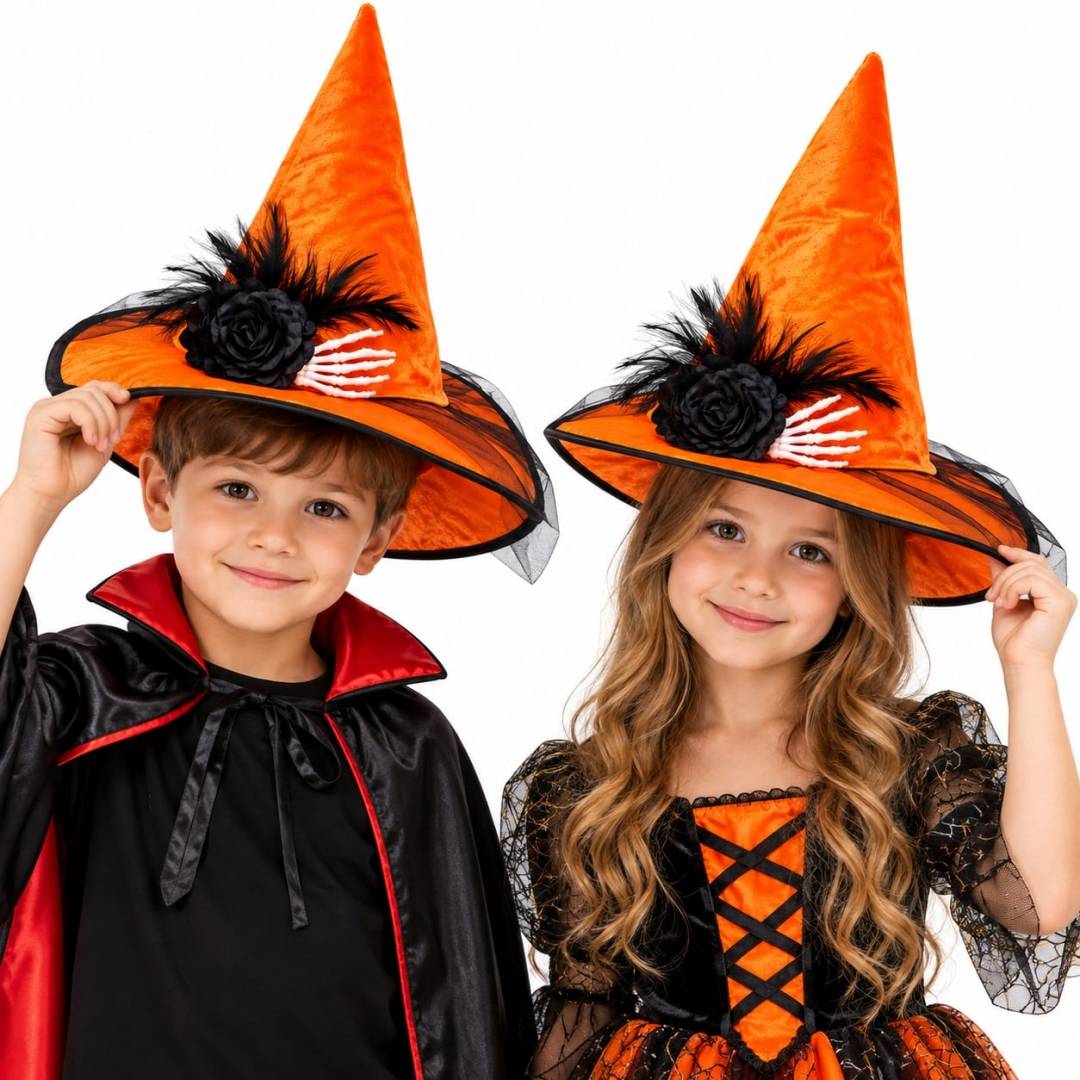 Pălărie Vrăjitoare Halloween pentru copii, accesoriu costum petrecere, portocaliu, 5+ ani