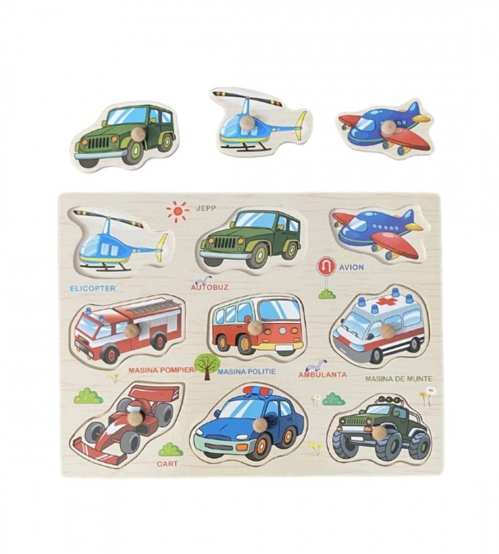 Puzzle din lemn cu incastru educativ, Vehicole,  in romana, , 10 piese