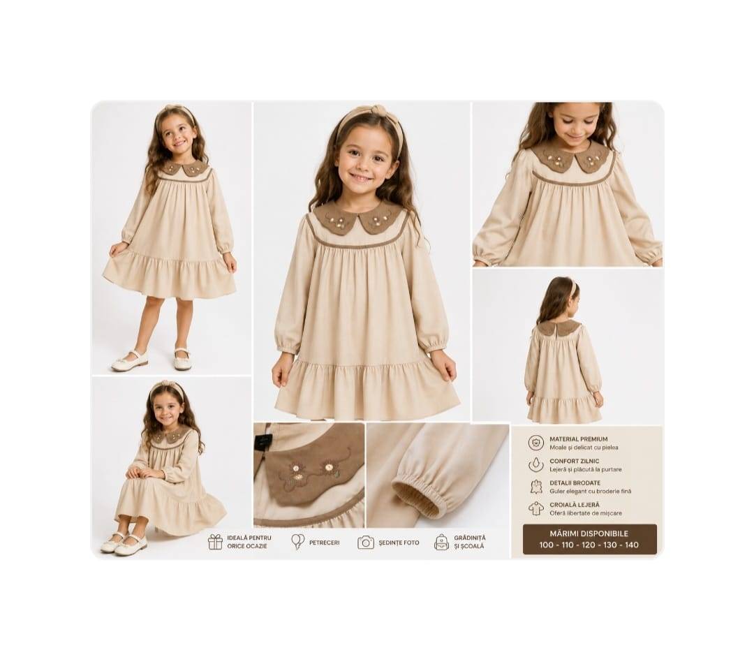 Rochita eleganta pentru fetite, model elegant, cu maneci lungi si guler, bej, 4 ani - 10 ani 