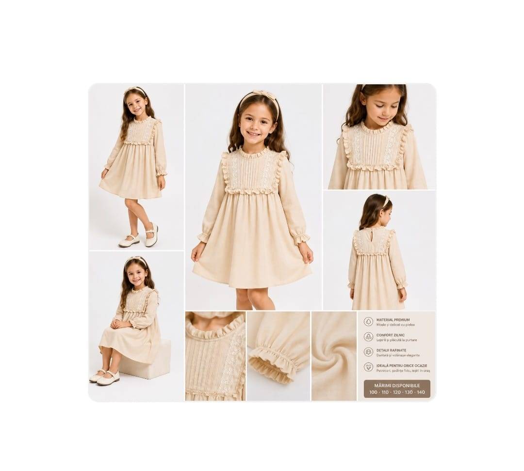 Rochita eleganta pentru fetite, model elegant, cu maneci lungi si volane, bej deschis, 4 ani - 5 ani