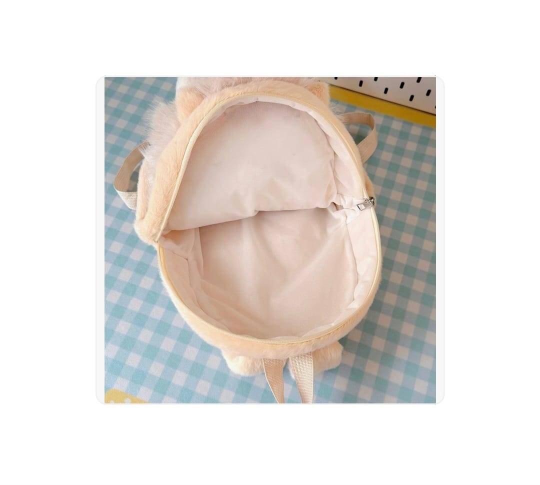 Rucsac de plus, model Pisica, realista, bej/alb, 30 cm