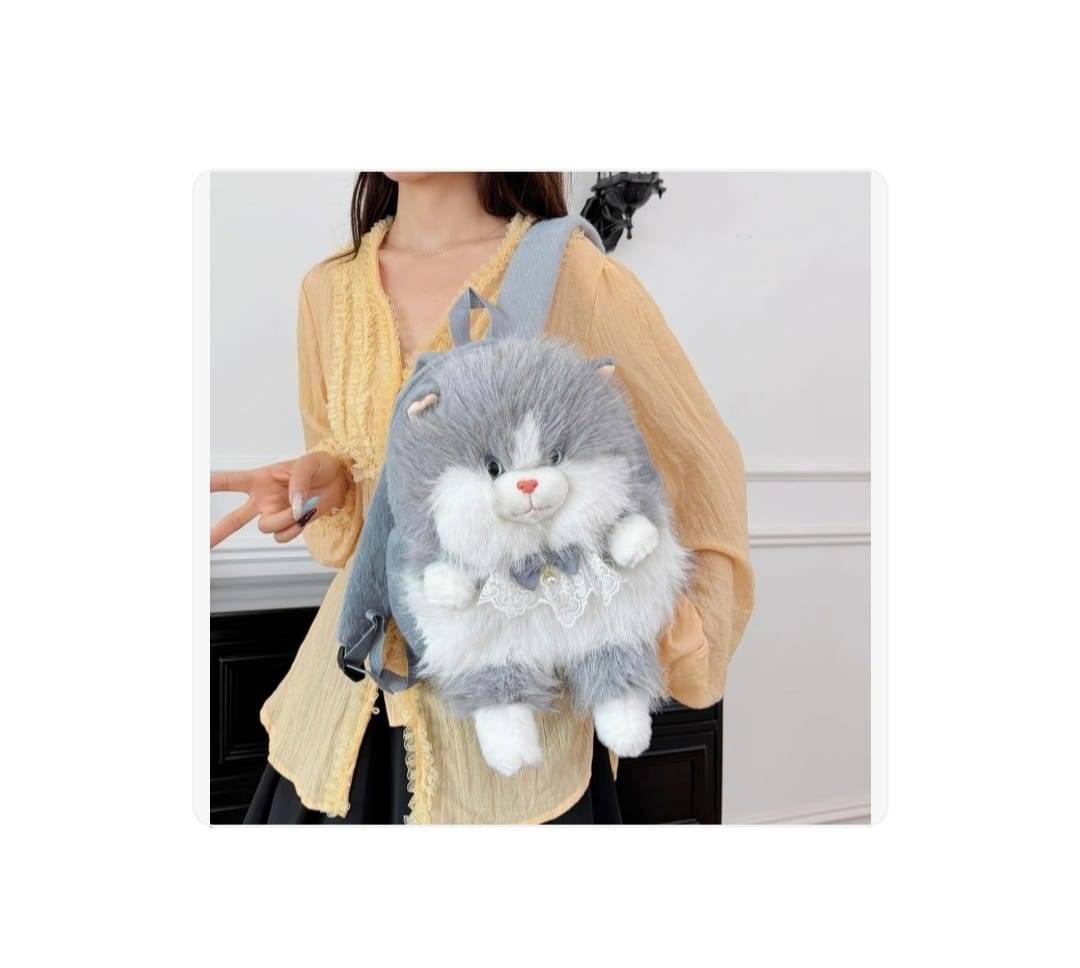 Rucsac de plus, model Pisica, realista, gri/alb, 30 cm