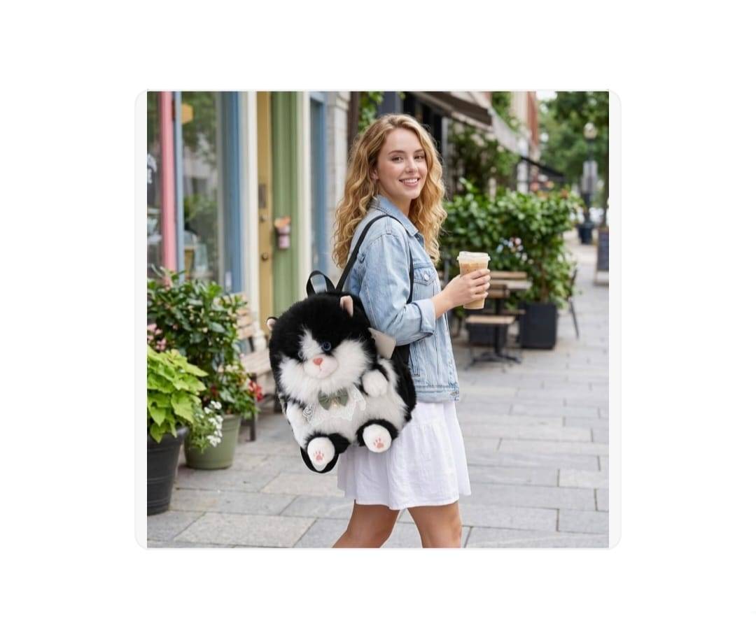 Rucsac de plus, model Pisica, realista, negru/alb, 30 cm