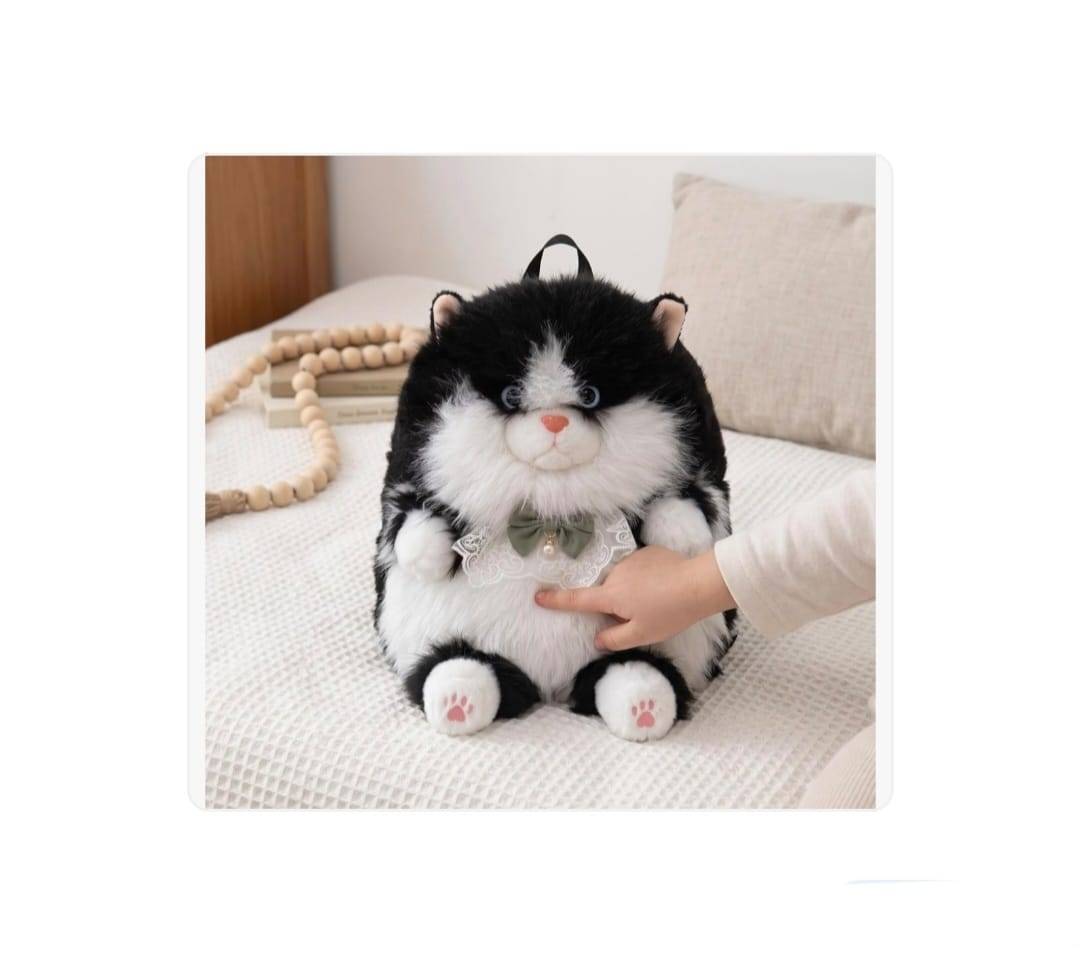 Rucsac de plus, model Pisica, realista, negru/alb, 30 cm