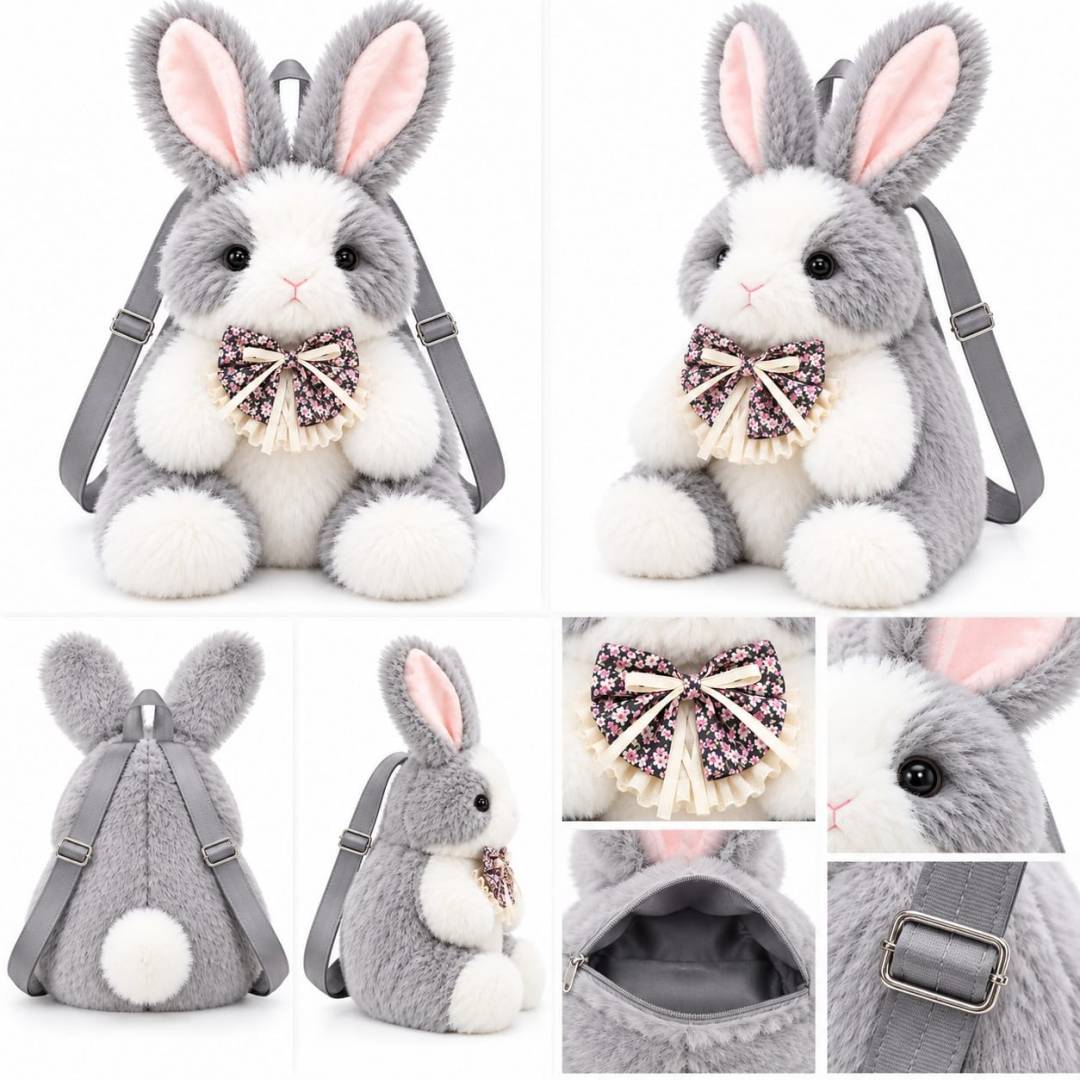 Rucsac plus Iepuras, MASHASHOP, gri/alb, 40 cm