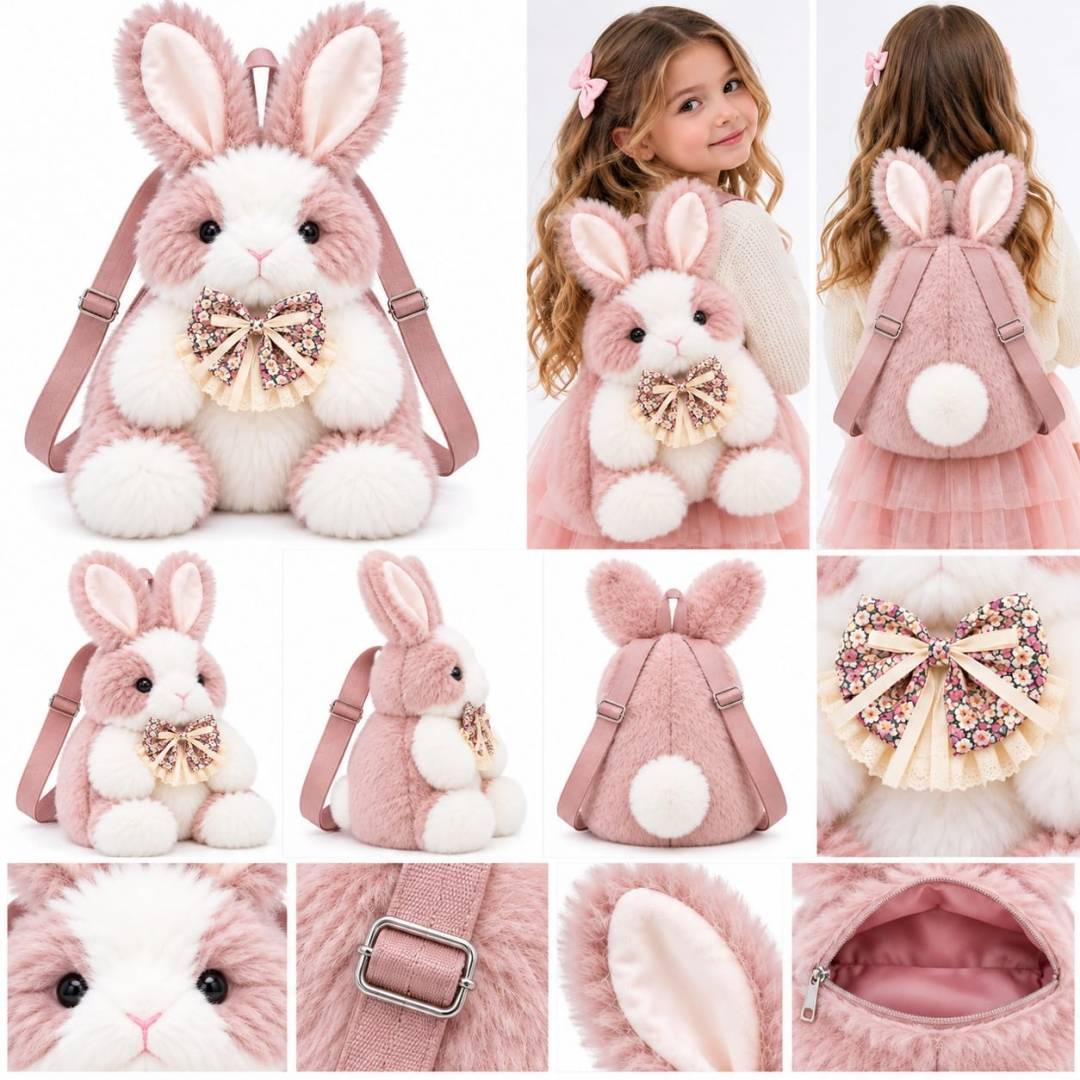Rucsac plus Iepuras, MASHASHOP, roz/alb, 40 cm