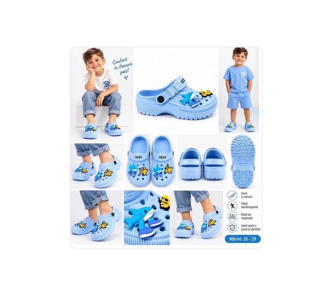 Saboti copii tip clog, cu decorațiuni Animale Marine, blue, mărimea 24 - 29