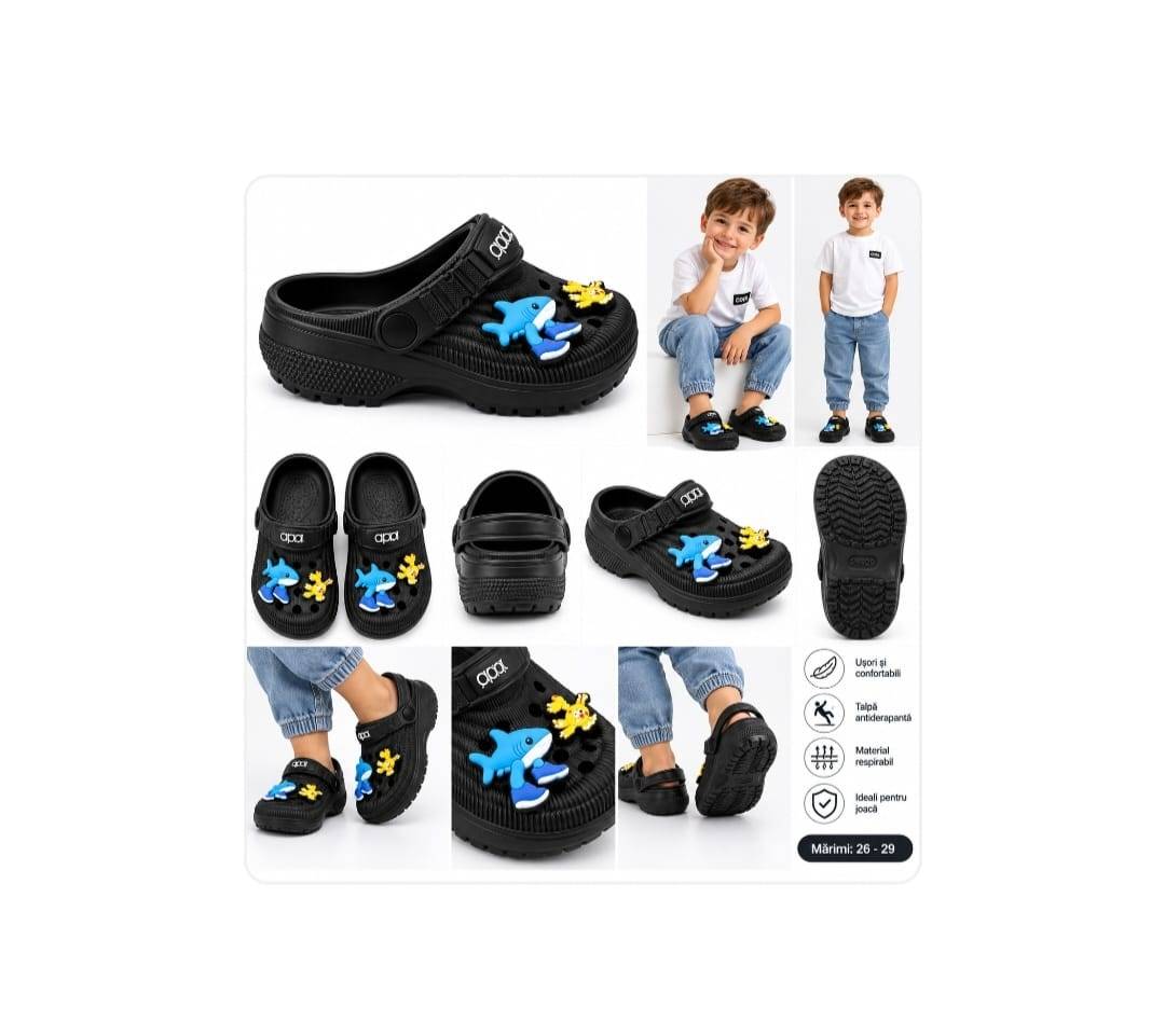 Saboti copii tip clog, cu decorațiuni Animale Marine, negru/multicolor, mărimea 24 - 29