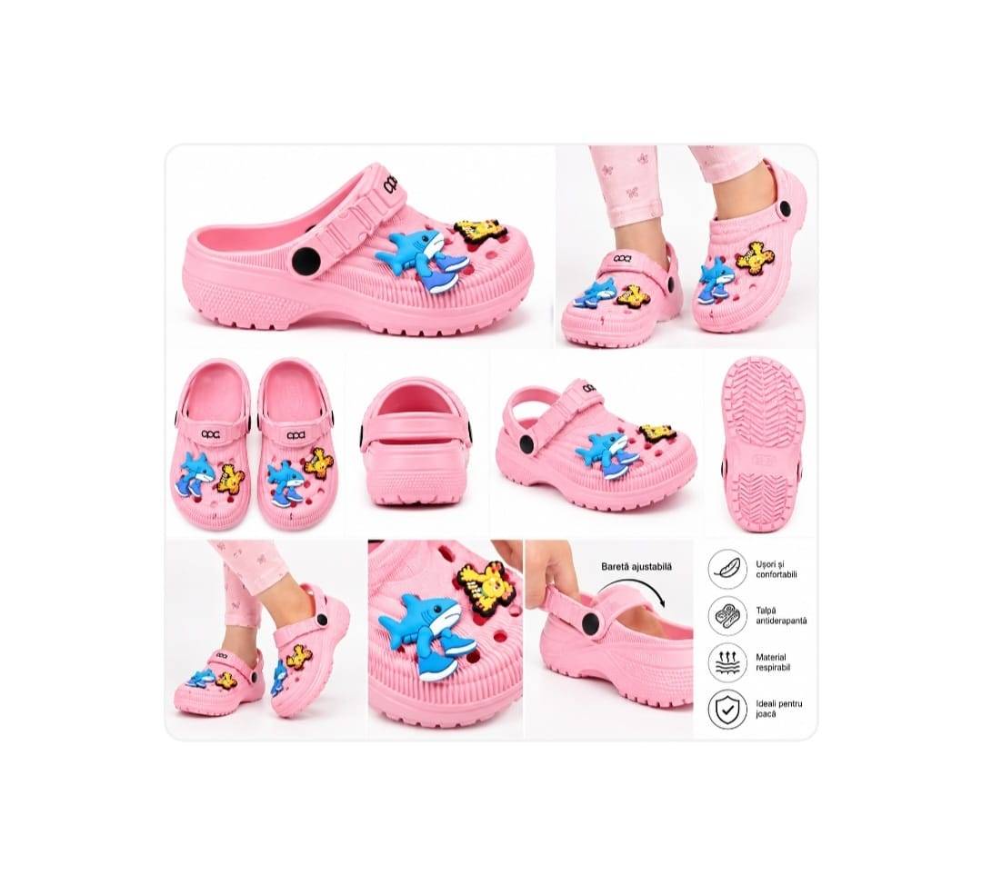 Saboti copii tip clog, cu decorațiuni Animale Marine, roz/multicolor, mărimea 24 - 29