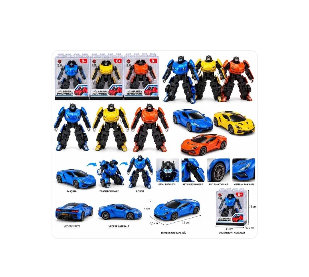 Set 3 mini roboți transformabili în mașinuțe, albastru/multicolor, 6,5 cm, 8+ ani