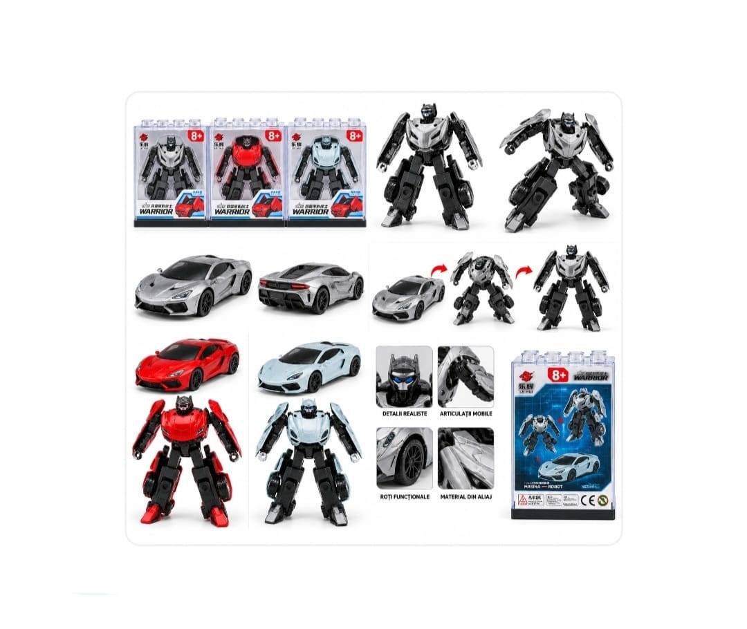 Set 3 mini roboți transformabili în mașinuțe, multicolor, 6,5 cm, 8+ ani
