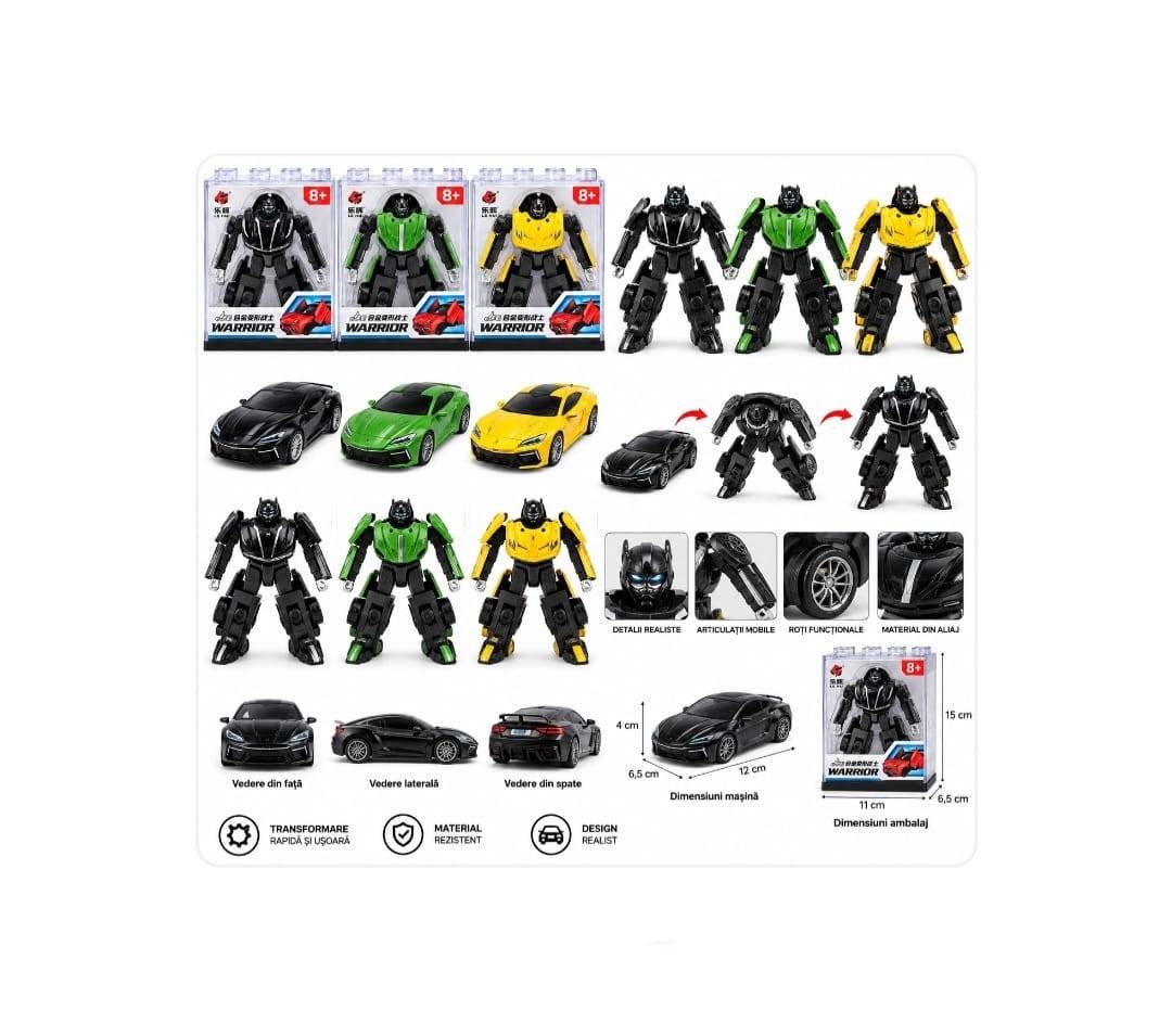 Set 3 mini roboți transformabili în mașinuțe, verde/multicolor, 6,5 cm, 8+ ani