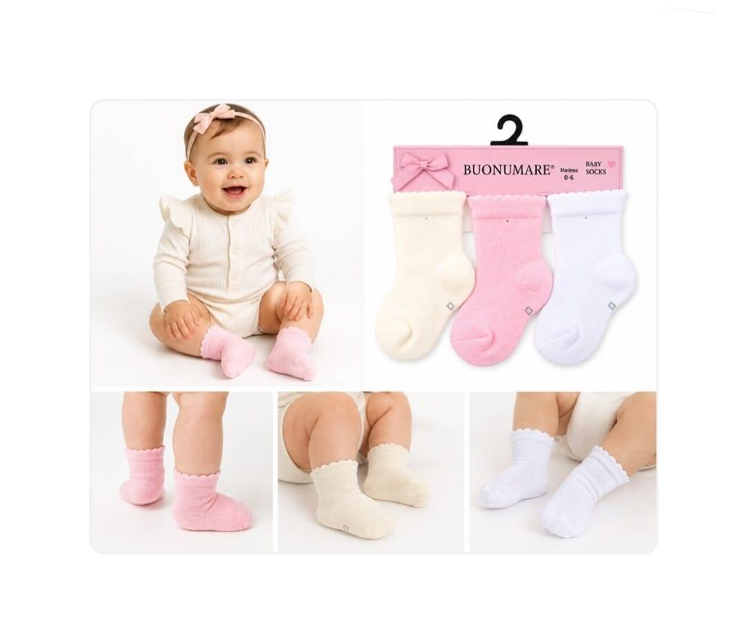 Set 3 Sosete pentru bebe, model Fete, multicolor, 0 - 18 luni
