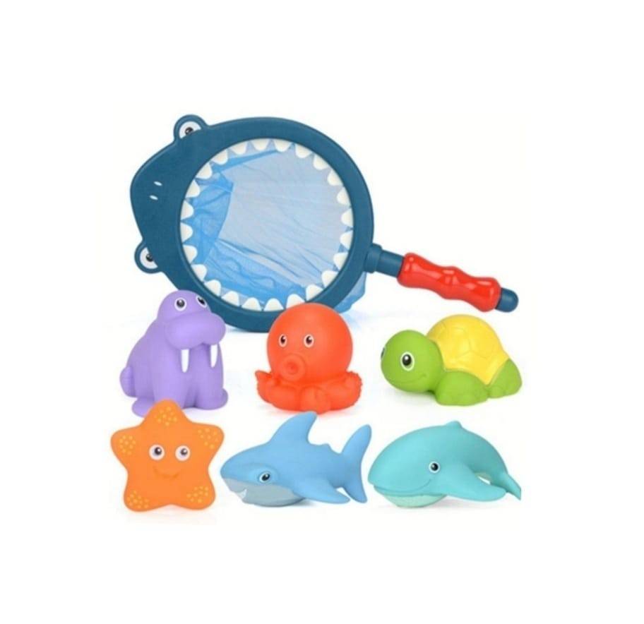 Set 6 Jucarii de baie, si plasa de pescuit, multicolor, 9 luni+