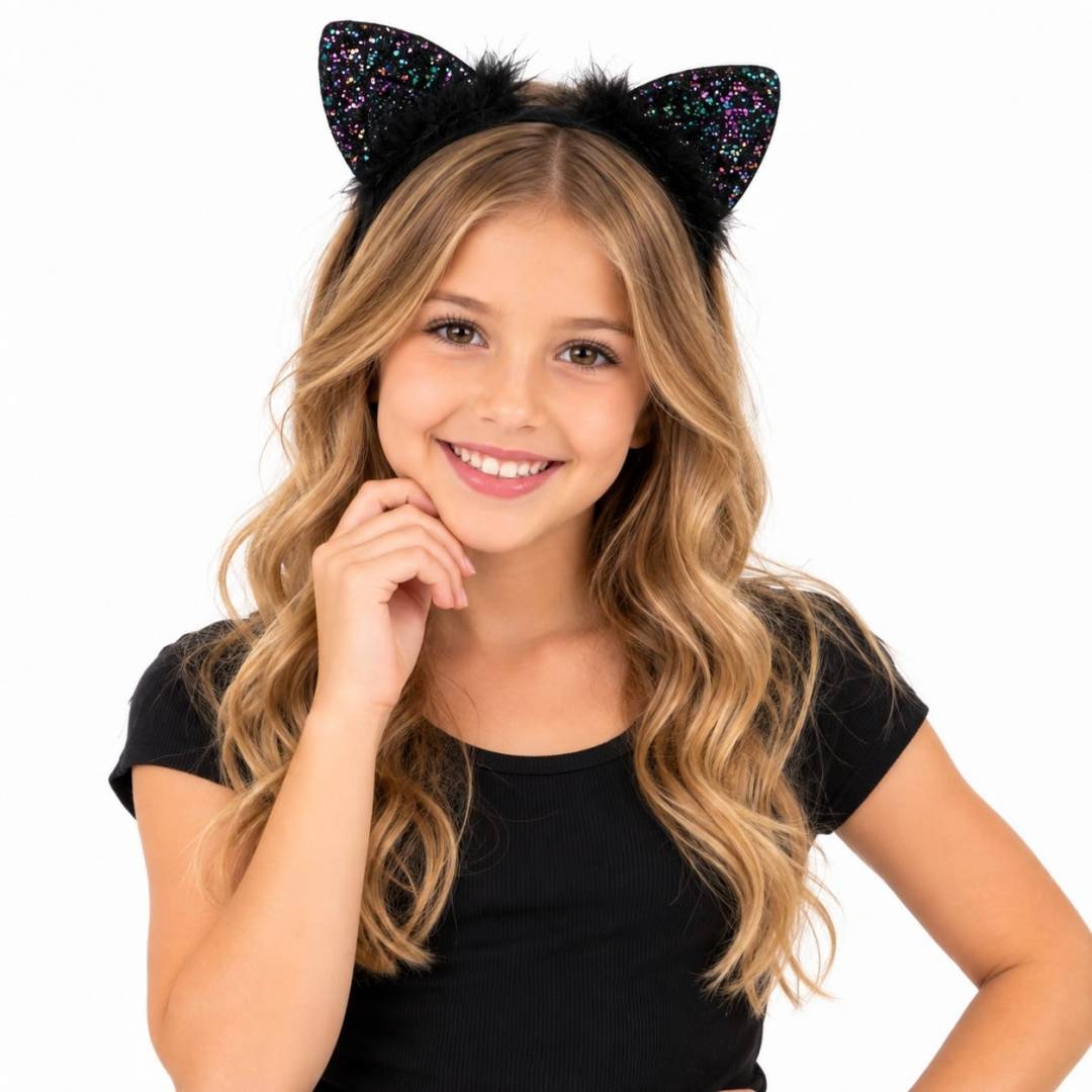 Set accesorii fetite, urechi de pisica cu blanita si fundite, pentru petreceri si Halloween, negru
