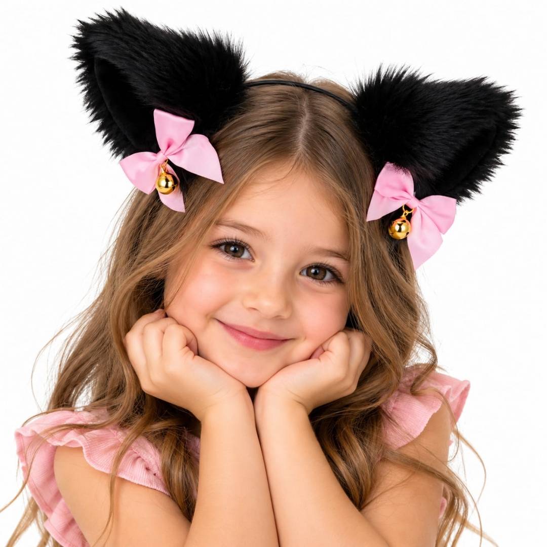 Set accesorii fetite, urechi de pisica cu blanita si fundite, pentru petreceri si Halloween, negru/roz