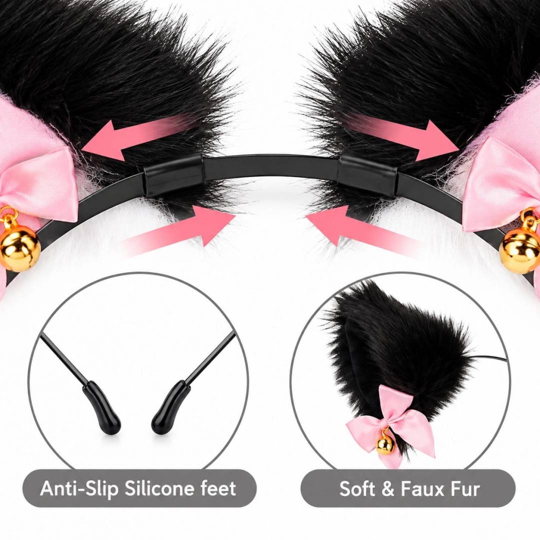 Set accesorii fetite, urechi de pisica cu blanita si fundite, pentru petreceri si Halloween, negru/roz