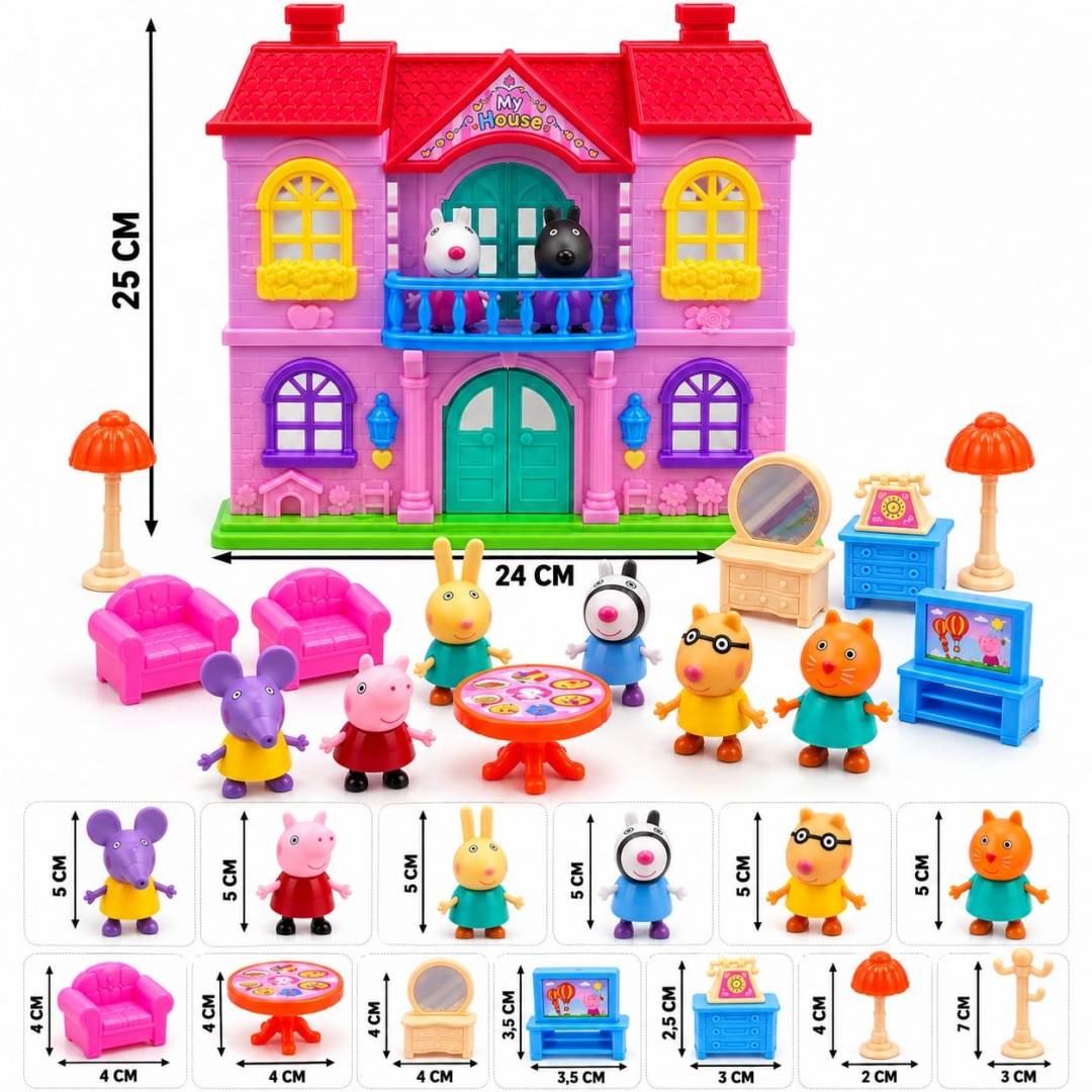 Set Casă, Peppa Pig, cu mobilier și 6 figurine, 2 etaje, accesorii incluse, multicolor, 25 x 24 cm