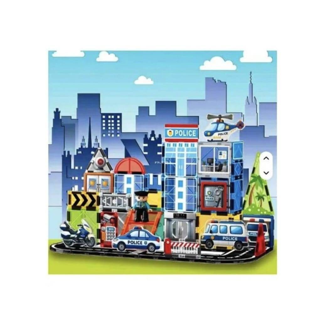 Set construcții magnetice, Stația de Poliție, 3D, multicolor, 53 piese, 3 ani+