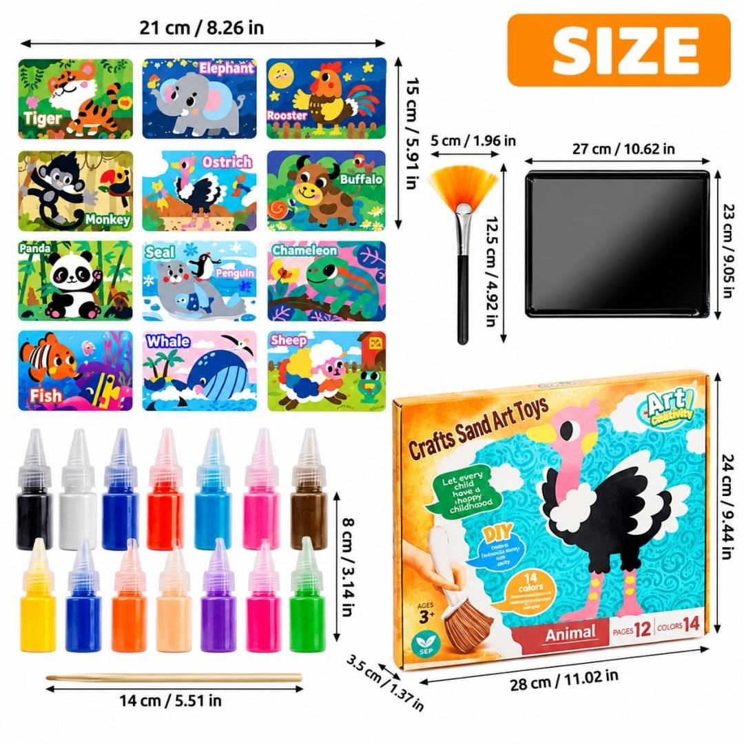 Set Creatie Pictura cu Nisip Colorat, 12 Planse cu Animale, 14 culori, multicolor, 5 ani+