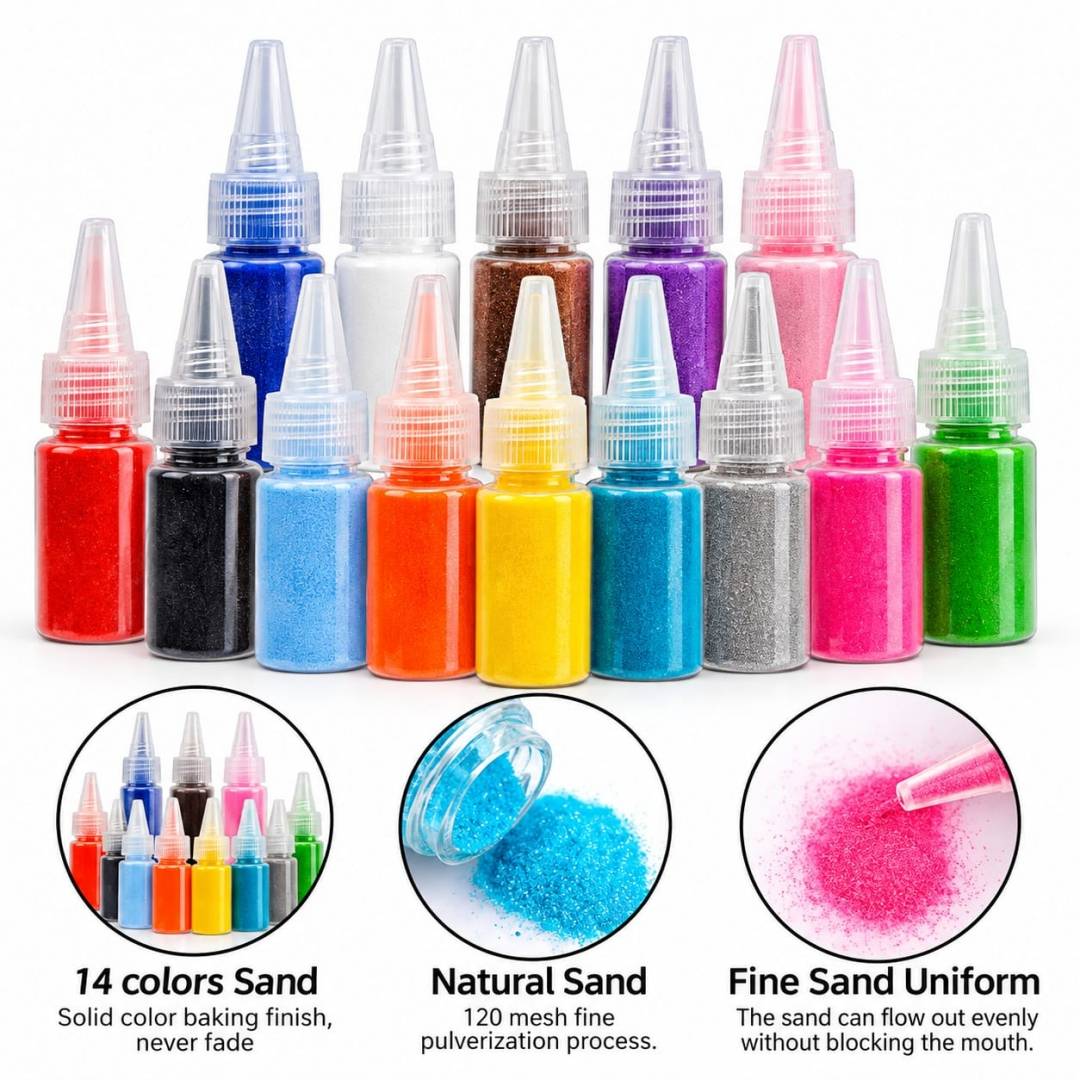 Set Creatie Pictura cu Nisip Colorat, 12 Planse cu Animale, 14 culori, multicolor, 5 ani+