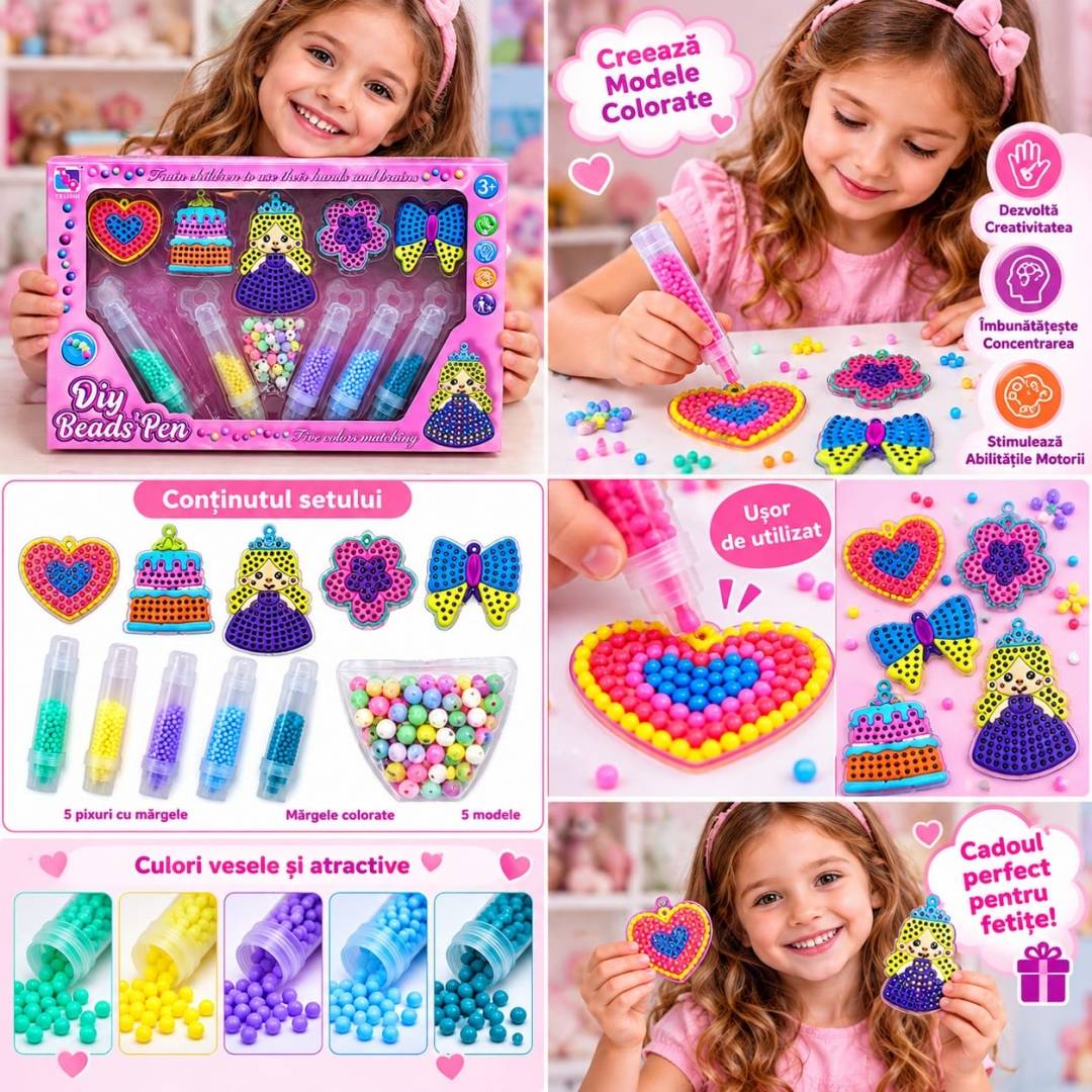 Set creativ pentru copii cu mărgele colorate, 5 pixuri aplicatoare și 5 modele, 3 ani+