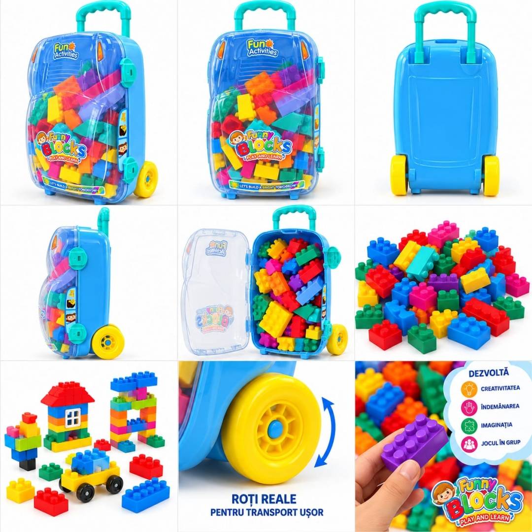 Set cuburi de construcție pentru copii, 30 piese, plastic, multicolor, valiză cu roți și mâner, 3 ani+