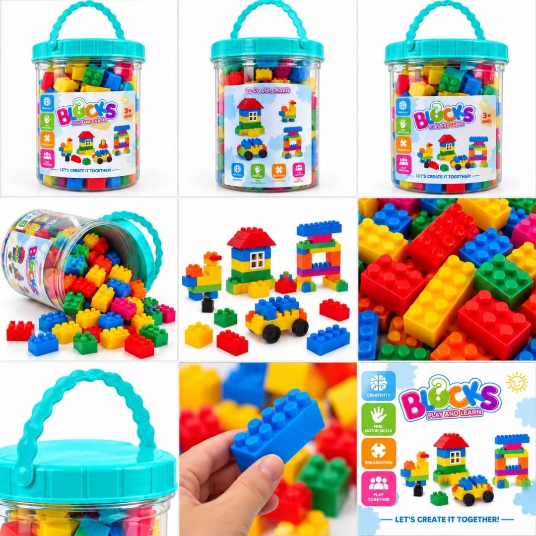 Set cuburi de construcție pentru copii, 34 piese, plastic, multicolor, găletușă cu mâner, 3 ani+