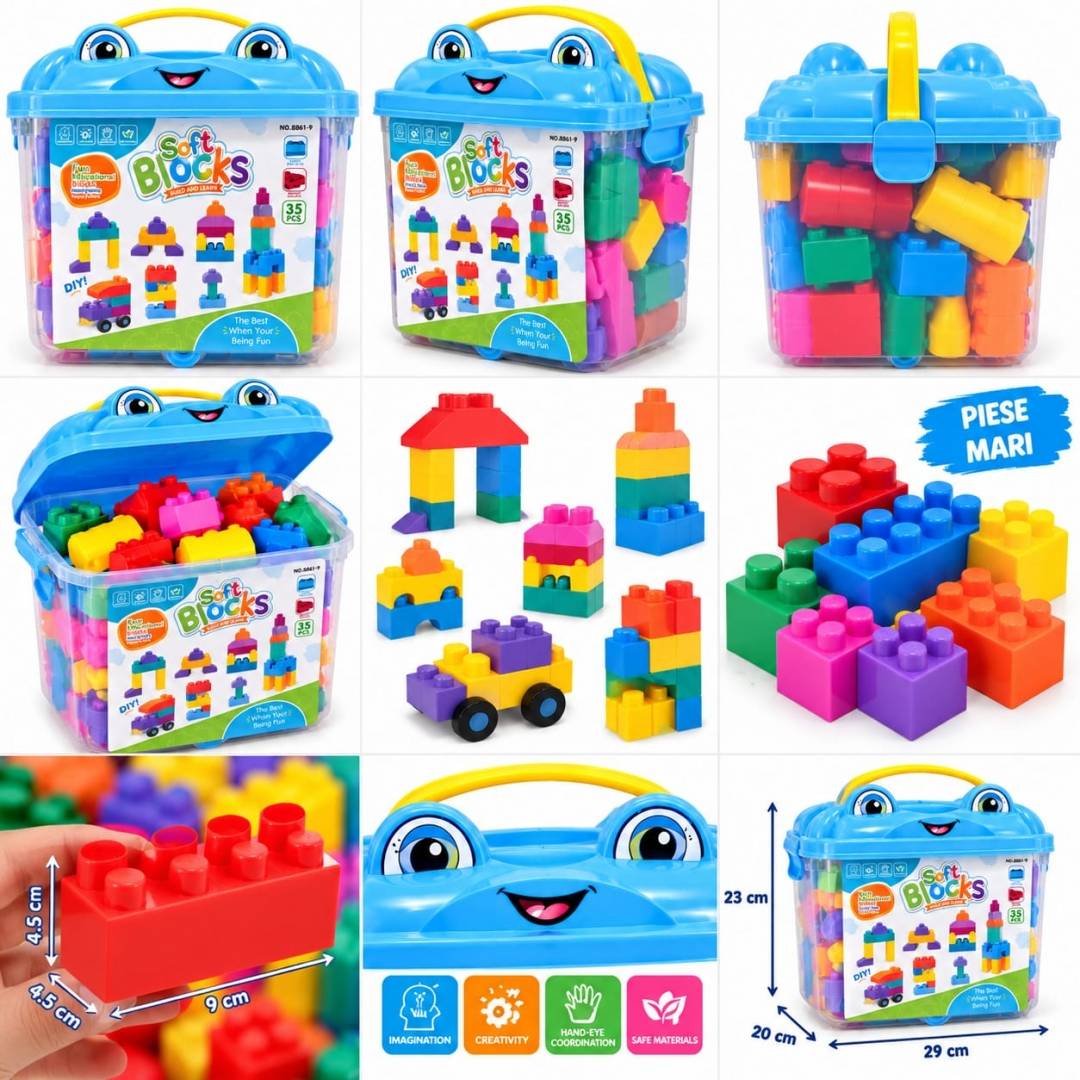 Set cuburi de construcție pentru copii, 35 piese, plastic, multicolor, cutie de depozitare cu mâner, 3 ani+