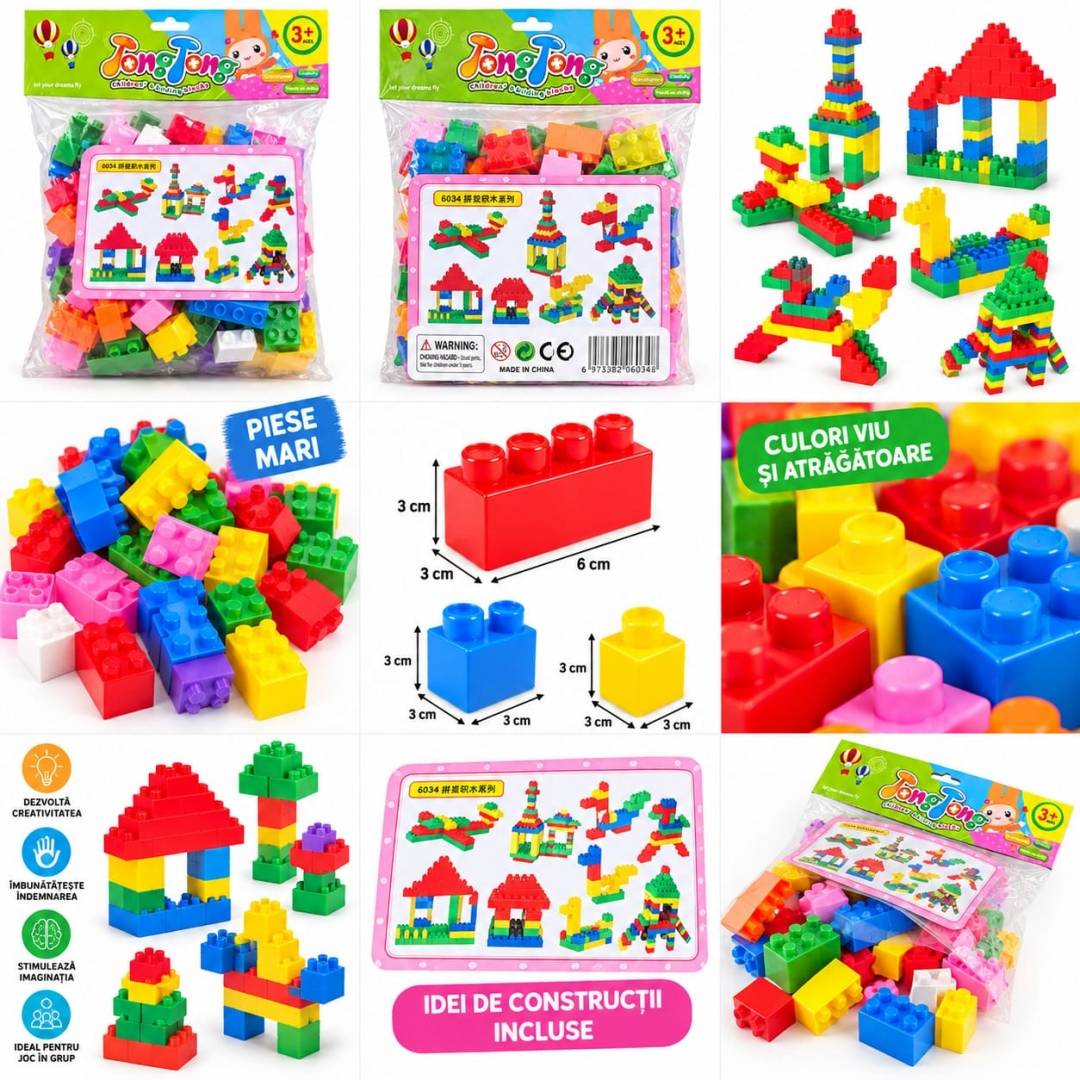 Set cuburi de construcție pentru copii, 77 piese, plastic, multicolor, 3 ani+