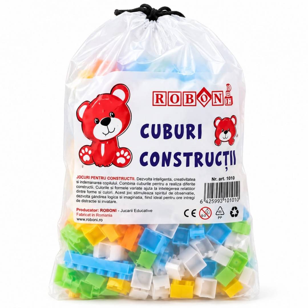 Set Cuburi de Construcție pentru copii, joc educativ și creativ, 300 cuburi multicolore, săculeț pentru depozitare, 3 ani +