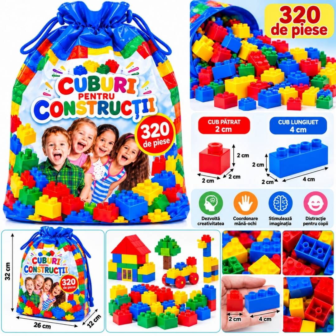Set Cuburi de Construcție pentru copii, joc educativ și creativ, 320 cuburi multicolore, săculeț pentru depozitare, 3 ani +